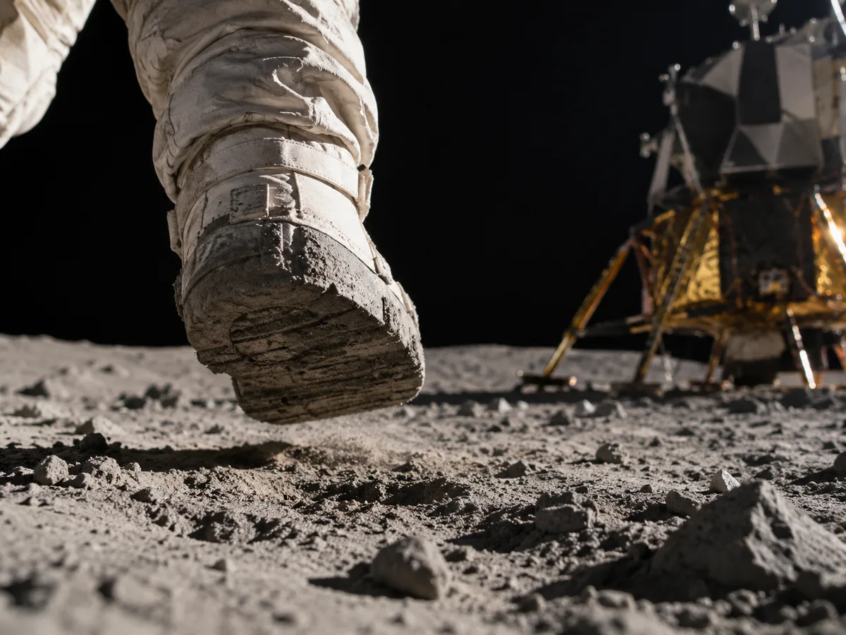 Illustrative photo: Astronaut boot above powdery lunar ground.