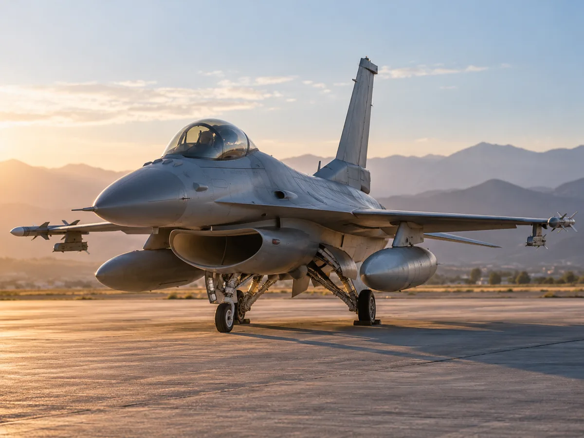 Illustrative photo: F-16 on an airfield at dawn.